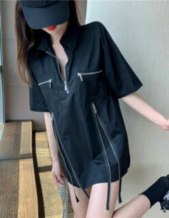 Black Zipper Polo Shirt | Changbin - Stray Kids -Diva s Closet Changbin Stray Kids Black Zipper Shirt 8 e1643800735405 600x772 1