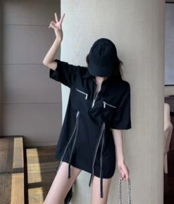 Black Zipper Polo Shirt | Changbin - Stray Kids -Diva s Closet Changbin Stray Kids Black Zipper Shirt 9 600x704 1