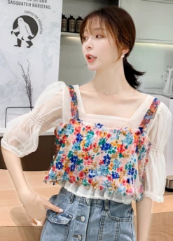 White Chiffon Blouse And Floral Crop Top Set | Choerry - Loona 11 White Chiffon Blouse And Floral Crop Top Set | Choerry - Loona -Diva s Closet Choerry Loona White Chiffon Shirt And Floral Top Set 3