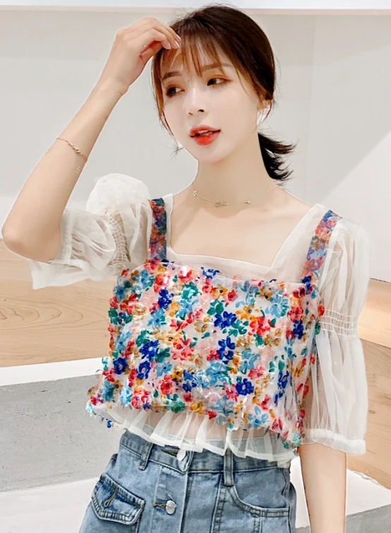 White Chiffon Blouse And Floral Crop Top Set | Choerry - Loona 4 White Chiffon Blouse And Floral Crop Top Set | Choerry - Loona - Image 2