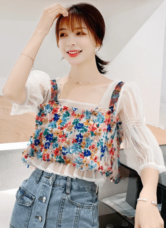 White Chiffon Blouse And Floral Crop Top Set | Choerry - Loona 6 White Chiffon Blouse And Floral Crop Top Set | Choerry - Loona - Image 4