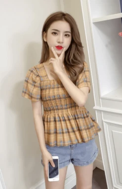 Yellow Plaid Ruffled Chiffon Top | Chuu - Loona -Diva s Closet Chuu Loona Yellow Plaid Ruffled Chiffon Blouse 11