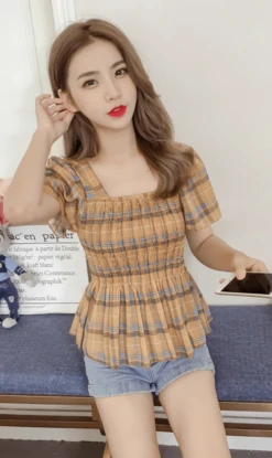 Yellow Plaid Ruffled Chiffon Top | Chuu - Loona -Diva s Closet Chuu Loona Yellow Plaid Ruffled Chiffon Blouse 12