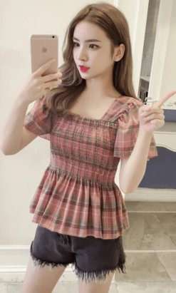 Yellow Plaid Ruffled Chiffon Top | Chuu - Loona -Diva s Closet Chuu Loona Yellow Plaid Ruffled Chiffon Blouse 4