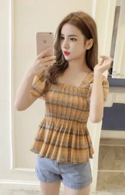 Yellow Plaid Ruffled Chiffon Top | Chuu - Loona -Diva s Closet Chuu Loona Yellow Plaid Ruffled Chiffon Blouse 7