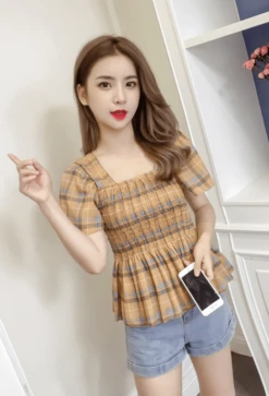 Yellow Plaid Ruffled Chiffon Top | Chuu - Loona -Diva s Closet Chuu Loona Yellow Plaid Ruffled Chiffon Blouse 9
