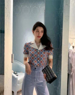 Blue Collared Check Print Blouse | Wendy - Red Velvet -Diva s Closet Collared Check Print Shirt Wendy Red Velvet 04 600x755 1