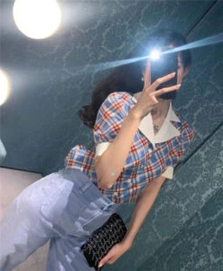 Blue Collared Check Print Blouse | Wendy - Red Velvet -Diva s Closet Collared Check Print Shirt Wendy Red Velvet 05 600x727 1