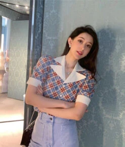 Blue Collared Check Print Blouse | Wendy - Red Velvet -Diva s Closet Collared Check Print Shirt Wendy Red Velvet 06 600x706 1