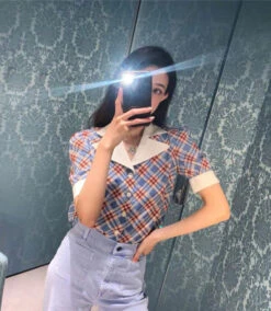 Blue Collared Check Print Blouse | Wendy - Red Velvet -Diva s Closet Collared Check Print Shirt Wendy Red Velvet 08 600x690 1