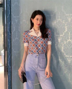 Blue Collared Check Print Blouse | Wendy - Red Velvet -Diva s Closet Collared Check Print Shirt Wendy Red Velvet 09 600x743 1