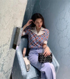 Blue Collared Check Print Blouse | Wendy - Red Velvet -Diva s Closet Collared Check Print Shirt Wendy Red Velvet 10 600x669 1