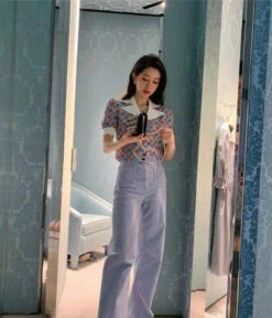 Blue Collared Check Print Blouse | Wendy - Red Velvet -Diva s Closet Collared Check Print Shirt Wendy Red Velvet 11 600x700 1