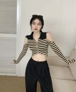 Creamy White Striped Arm Cut-Out Crop Top | Chaeryeong - ITZY -Diva s Closet Creamy White Striped Arm Cut Out Crop Top Chaeryeong ITZY 11 600x722 1
