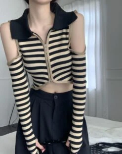 Creamy White Striped Arm Cut-Out Crop Top | Chaeryeong - ITZY -Diva s Closet Creamy White Striped Arm Cut Out Crop Top Chaeryeong ITZY 6 600x755 1