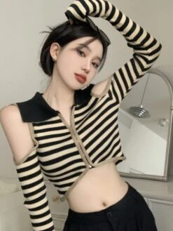 Creamy White Striped Arm Cut-Out Crop Top | Chaeryeong - ITZY