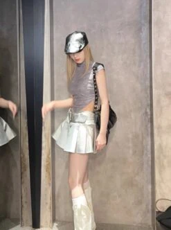 Metallic Grey Faux Leather Belted Skirt | Handong - Dreamcatcher 15 Metallic Grey Faux Leather Belted Skirt | Handong - Dreamcatcher -Diva s Closet Dami Dreamcatcher Red Furry Vest 12