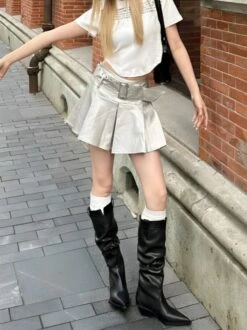 Metallic Grey Faux Leather Belted Skirt | Handong - Dreamcatcher