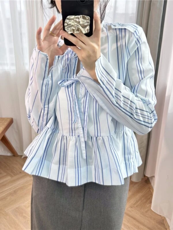 White Striped Peplum Blouse | Danielle - NewJeans 4 White Striped Peplum Blouse | Danielle - NewJeans - Image 2