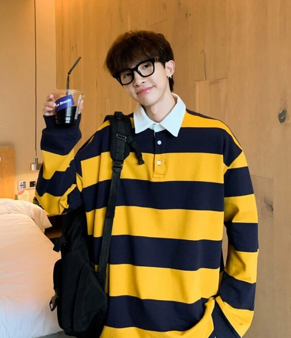 Yellow And Blue Stripe Patterned Polo Shirt | Doyoung - NCT 4 Yellow And Blue Stripe Patterned Polo Shirt | Doyoung - NCT - Image 2