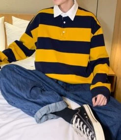 Yellow And Blue Stripe Patterned Polo Shirt | Doyoung - NCT 27 Yellow And Blue Stripe Patterned Polo Shirt | Doyoung - NCT -Diva s Closet Doyoung NCT Yellow And Blue Stripe Patterned Polo Shirt 13 600x692 1