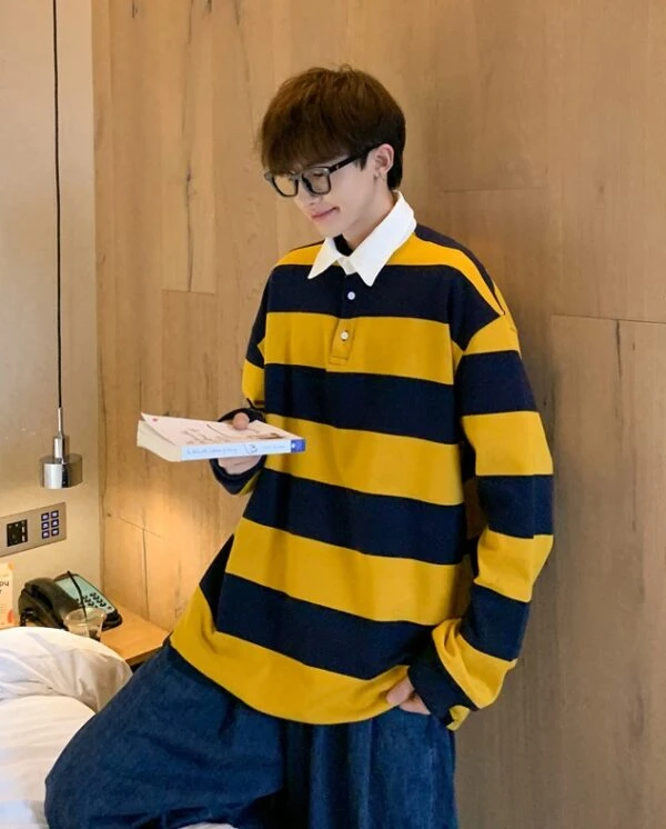 Yellow And Blue Stripe Patterned Polo Shirt | Doyoung - NCT 10 Yellow And Blue Stripe Patterned Polo Shirt | Doyoung - NCT - Image 8