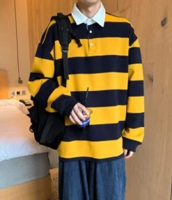 Yellow And Blue Stripe Patterned Polo Shirt | Doyoung - NCT