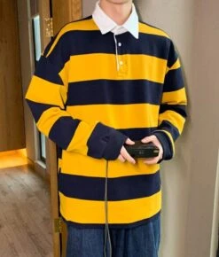 Yellow And Blue Stripe Patterned Polo Shirt | Doyoung - NCT 24 Yellow And Blue Stripe Patterned Polo Shirt | Doyoung - NCT -Diva s Closet Doyoung NCT Yellow And Blue Stripe Patterned Polo Shirt 22 600x704 1