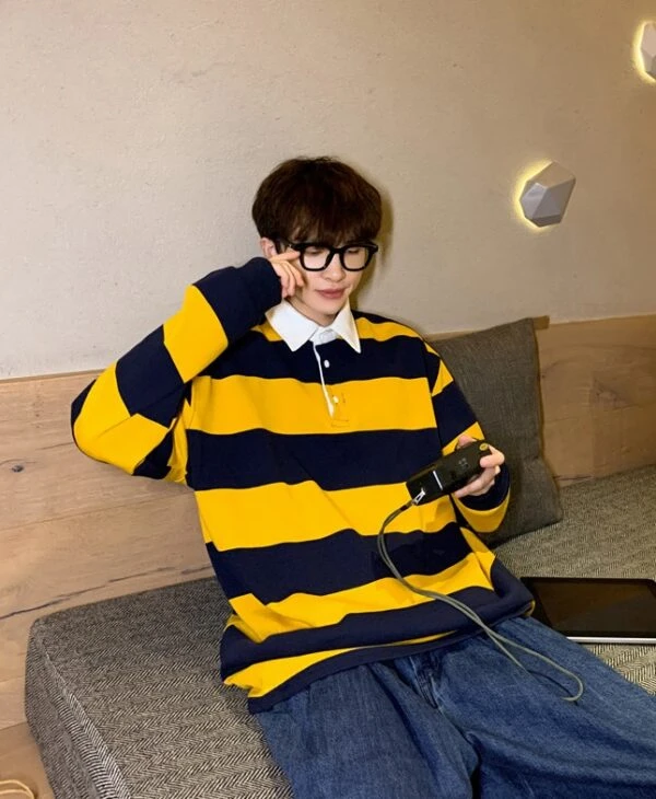 Yellow And Blue Stripe Patterned Polo Shirt | Doyoung - NCT 9 Yellow And Blue Stripe Patterned Polo Shirt | Doyoung - NCT - Image 7