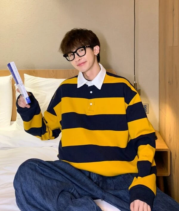 Yellow And Blue Stripe Patterned Polo Shirt | Doyoung - NCT 6 Yellow And Blue Stripe Patterned Polo Shirt | Doyoung - NCT - Image 4
