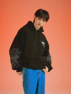 Black Spider Web Printed Hoodie | Felix - Stray Kids -Diva s Closet Felix Stray Kids Black Spider Web Printed Hoodie 1