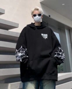 Black Spider Web Printed Hoodie | Felix - Stray Kids -Diva s Closet Felix Stray Kids Black Spider Web Printed Hoodie 12 600x737 1