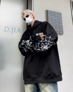 Black Spider Web Printed Hoodie | Felix - Stray Kids -Diva s Closet Felix Stray Kids Black Spider Web Printed Hoodie 14