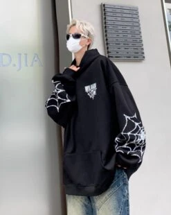 Black Spider Web Printed Hoodie | Felix - Stray Kids -Diva s Closet Felix Stray Kids Black Spider Web Printed Hoodie 9