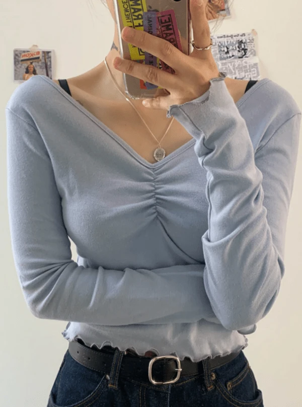 Blue V-Neck Frilled Top | Onda - Everglow 4 Blue V-Neck Frilled Top | Onda - Everglow - Image 2