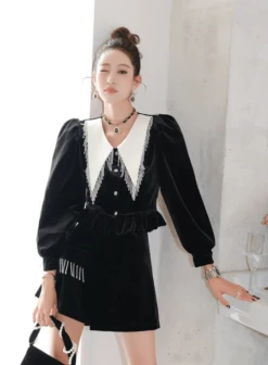 Black Bead Tassel Velvet Blouse And Skort Set | Giselle - Aespa -Diva s Closet Giselle Aespa Black Bead Tassel Velvet Blouse and Skort Set 5