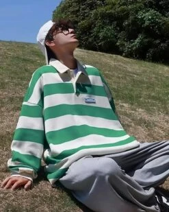 Green Retro Stripe Long Sleeve Polo Shirt | Seungmin - Stray Kids -Diva s Closet Green Retro Stripe Long Sleeve Polo Shirt Seungmin Stray Kidss 1 600x750 1