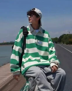 Green Retro Stripe Long Sleeve Polo Shirt | Seungmin - Stray Kids -Diva s Closet Green Retro Stripe Long Sleeve Polo Shirt Seungmin Stray Kidss 2 600x750 1