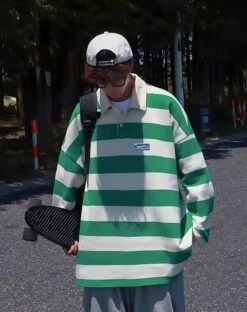 Green Retro Stripe Long Sleeve Polo Shirt | Seungmin - Stray Kids -Diva s Closet Green Retro Stripe Long Sleeve Polo Shirt Seungmin Stray Kidss 3 600x758 1