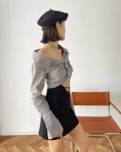 Grey Striped Flower Knotted Crop Length Shirt | Hwasa - Mamamoo -Diva s Closet Grey Striped Flower Knotted Crop Length Shirt Hwasaa Mamamoo 2 600x751 1