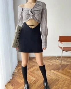 Grey Striped Flower Knotted Crop Length Shirt | Hwasa - Mamamoo -Diva s Closet Grey Striped Flower Knotted Crop Length Shirt Hwasaa Mamamoo 3 600x750 1