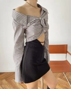 Grey Striped Flower Knotted Crop Length Shirt | Hwasa - Mamamoo -Diva s Closet Grey Striped Flower Knotted Crop Length Shirt Hwasaa Mamamoo 4 600x750 1