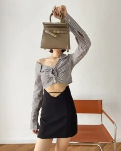 Grey Striped Flower Knotted Crop Length Shirt | Hwasa - Mamamoo -Diva s Closet Grey Striped Flower Knotted Crop Length Shirt Hwasaa Mamamoo 5 600x750 1