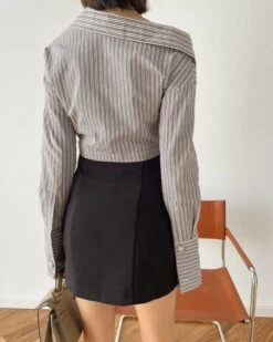 Grey Striped Flower Knotted Crop Length Shirt | Hwasa - Mamamoo -Diva s Closet Grey Striped Flower Knotted Crop Length Shirt Hwasaa Mamamoo 6 600x750 1