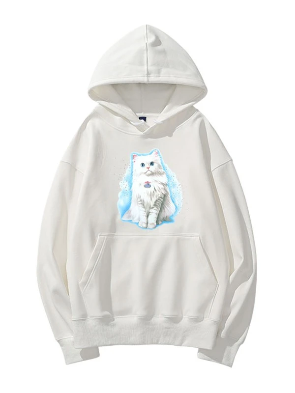 White Cat Print Hoodie | Haerin - NewJeans 3 White Cat Print Hoodie | Haerin - NewJeans