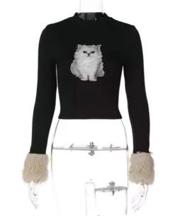Black Cat Print Long Sleeve Top | Hanni - NewJeans