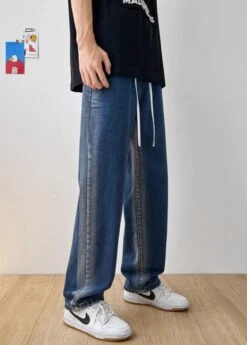 Blue Two-Tone Side Washed Drawstring Jeans | Hongjoong - ATEEZ -Diva s Closet Hongjoong ATEEZ Blue Two Tone Side Washed Drawstring Jeans 3