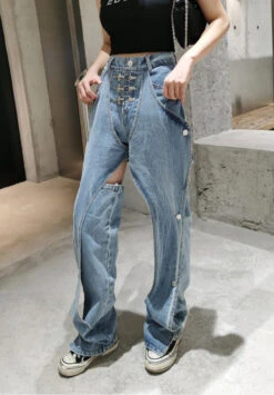 Blue Inner Cut-Out Ringed Denim Jeans | Wheein - Mamamoo -Diva s Closet Hweein Inner Cut out Ringed Denim Jeans 13 600x862 1