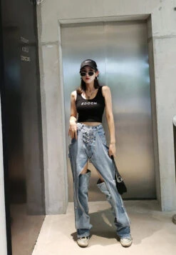 Blue Inner Cut-Out Ringed Denim Jeans | Wheein - Mamamoo -Diva s Closet Hweein Inner Cut out Ringed Denim Jeans 7 600x866 1