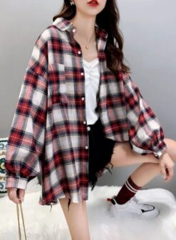 Loose Plaid Long-Sleeved Shirt | Hyunjin - Loona -Diva s Closet Hyunjin Loona Loose Plaid Long Sleeved Shirt pc 6